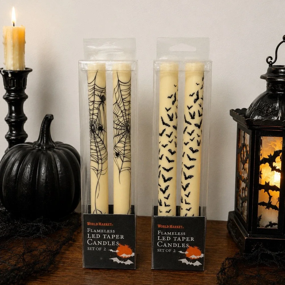 World Market Halloween Flameless LED Taper Candles Bats Spiderwebs Set of 4